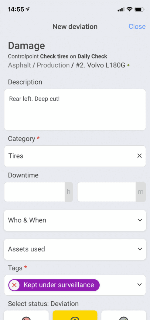 Capture d'écran des fonctionnalités principales de l'application lors du signalement d'écarts